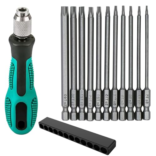 11 Stück Magnetisch Torx Bit Set, 1/4" Torx Schraubendreher Bit Set, mit Griff, T6-T40 100mm Lang Sechskant Schaft S2 StahlStern Kopf Schraubenzieher Bit Satz von aghoer
