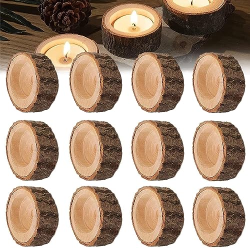 12 Stück Teelichthalter aus Holz,Personifizieren Holz Kerzenständer, Kerzenhalter Holz Rund, Für Hochzeiten, Geburtstage, Partys, Ornament, Heimdekoration von aghoer