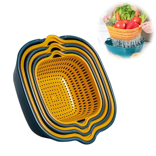 6 Stück Multifunktion Küchensieb Set, Nudelsieb, 2-in-1 Seiher, Küche Sieb, für Obst Gemüse Reis Sieb (Blau und Gelb) von aghoer