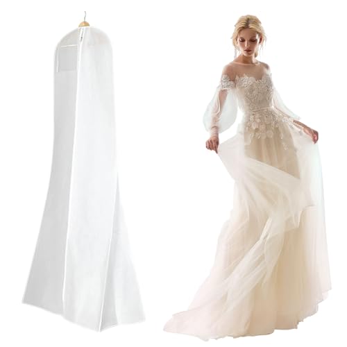 Anti-Staub Atmungsaktiver Kleiderhülle, 180 cm Brautkleidhülle Kleidersack, Staubdichte Kleidersäcke mit Reißverschluss für Brautkleider Abendkleider oder Lange Mäntel, Weiß von aghoer