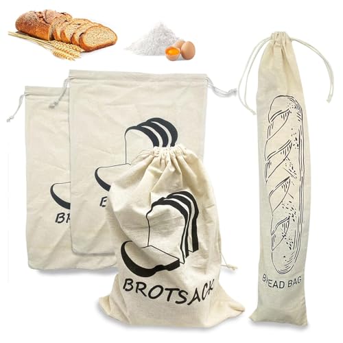 Brotsack, 4 Stück Brotbeutel Leinen, Brotsack zum Frischhalten Leinen, Leinen Brottüten, Wiederverwendbar, für Brote Backwaren Aller Art von aghoer