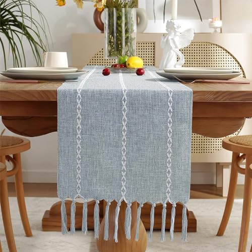 Leinen Tischläufer, 33 x 183 cm Tisch Läufer, Tischläufer Leinen, Baumwoll Leinen Tischläufer Bauernhaus,für Esstisch, Tischdekoration, Möbel, Blau von aghoer