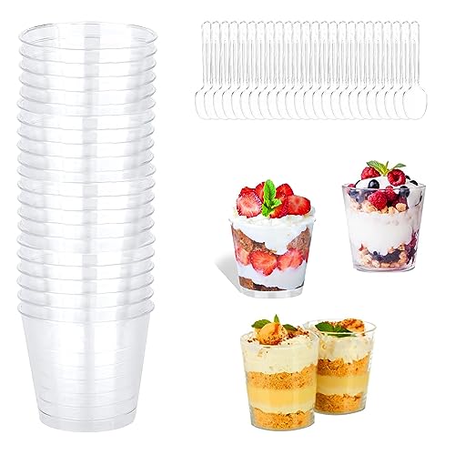 aghoer 25 Stück Desserttassen mit 25 Stück Löffeln, 6.7 OZ / 200ML Schnapsbecher, Dessertgläser Wiederverwendbar für Eiscreme Food, Dessert Party Picknick von aghoer