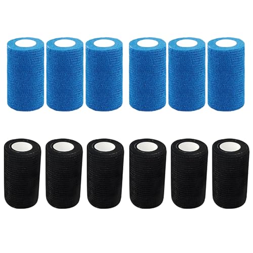 12 Stück Klebeverband Selbstklebend, 7.5 cm x 4 m Blau und Schwarz Elastische Binde für Sport, Selbstklebender Verband Haustiere Finger und Hand Selbsthaftende Bandage, Verbandsmaterial Mullbinden von agogue