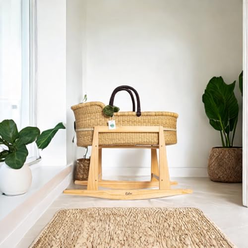 Baby Moseskorb mit Schaukelständer und dreilagiger Matratze, Baby Stubenwagen mit Holzständer, Moseskorb, Handgemachter Baby Schlafkorb von ahoj baby