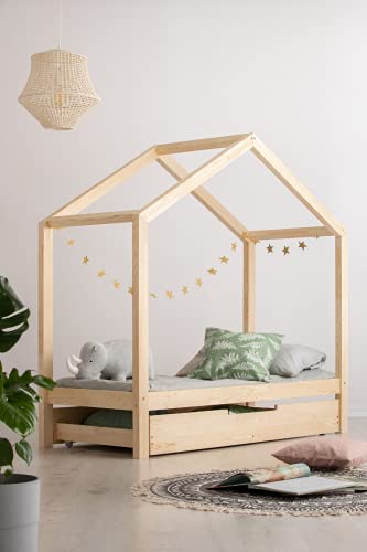 Kinderhausbett mit Schublade, Kinderbett, Montessori-Bett, Jungenbett, Kindermöbel, Kleinkinderbett mit Lattenrost (100x200 cm) von ahoj baby