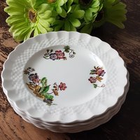 Copeland Spode Wicker Lane | Korbgeflecht 6, 5-Zoll-Beilagenteller, 5Er-Set, Rosa-Lila Blumen, Ausgebogter Rand, Hergestellt in England, 1940Er Jahre von ahummingbirdheirloom