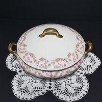 Limoges Porzellan, Überdachte Servierschüssel, Jean Boyer Limoges, Rosa Gelbe Rose Girlanden, Muster Boj86 von ahummingbirdheirloom