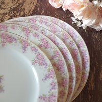 Limoges Porzellan Kuchenteller, 5Er Set, Rosa Lila Rosen, Gda France, Ch Field Haviland Limoges, 1900 Bis 1950 von ahummingbirdheirloom