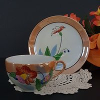 Teetasse Und Untertasse, Vintage Handgemaltes Japan, Pfirsich Lusterware Florals, Porzellantee-Set, Made in Japan von ahummingbirdheirloom