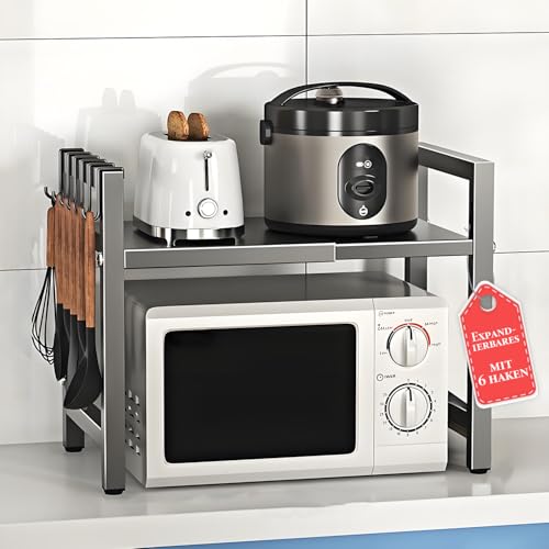 Verstellbares Mikrowellenregal, Erweiterbares Mikrowellen Regal 2 stufiges,Stehend Mikrowellenregal,Flexibel Ausziehbar von 40-60cm,mit 6 Haken,für Arbeitsplatte,Bäckereiregale,Küchenorganizer (Grau) von aichilra