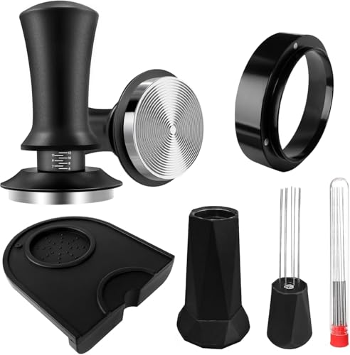 aichilra Kaffee Tamper 53mm Set, Professionelles Espresso Tamper Druckregulierender mit WDT Werkzeug, Dosierring 53mm,Tampermatte, 304 Edelstahl Kaffeestampfer Tamper mit Skaleneinstellung von aichilra
