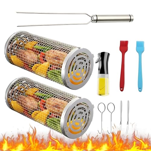 aichilra 2 Stück Rollendes Grillkorb, Rolling Grilling Körbchen mit Ölsprüher, 304 Edelstahl Nesting Grillnetzrohr, Grill Zubehör für Fleisch Fisch Gemüse, Spülmaschinenfest von aichilra