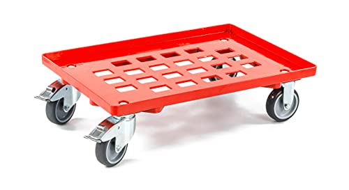 aidB Transportroller für Euroboxen mit 2 Lenk- und 2 Bremsrollen aus Gummi, Rot, 600x400 mm, Fläche gerastert, Rollwagen zum Transport von Kisten, Praktischer Kistenroller von aidB