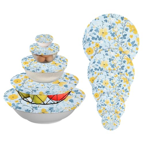 5 Stück Lebensmitteldeckelabdeckungen wiederverwendbar in 5 Größen Schüsselabdeckungen Brot Sauerteigdeckel für Lebensmittel Obst Salat umweltfreundlich (mehrere kleine Blumen, Schmetterlinge, Gelb von aidingzhi