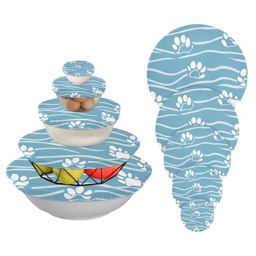 5 Stück elastische Schüsselabdeckungen wiederverwendbar in 5 Größen Frischhalte-Schüsselabdeckungen für lang anhaltende Frische (blaue Linie Wellen Krallen Druck) von aidingzhi