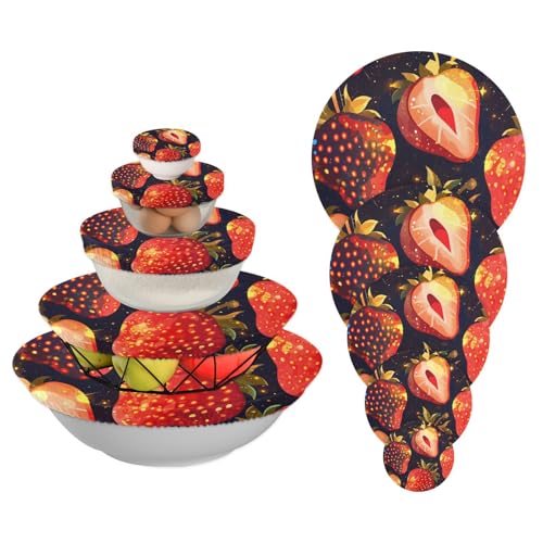 5 Stück elastische wiederverwendbare Stretch in 5 Größen Frischhalteschüssel Abdeckungen für Obst, Lebensmittel, Reste, Teig, Brot (kosmische rote Erdbeere) von aidingzhi