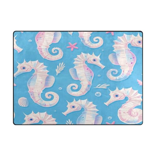 Ästhetischer Teppich für Jungen, für Schlafzimmer, Heimdekoration, 120 x 150 cm, Farbe: Karotton, Seepferdchen, weiches Blau von aidingzhi
