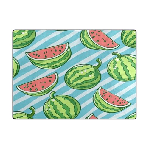 Area Rugs Ästhetischer Teppich für Kinder für stark frequentierte Bereiche im Wohnzimmer, Schlafzimmer (120 x 150 cm, naturfarben), mehrfarbig, Wassermelonen-Hellblau, gestreift, Cartoon-Stil von aidingzhi