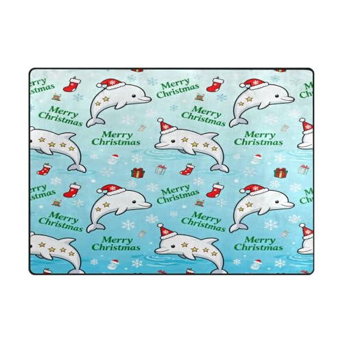 Großer Teppich, moderner Teppich für Jungen, für Schlafzimmer, ästhetische Dekoration (120 x 150 cm, natürlich), Motiv: Frohe Weihnachten, süßer Delfin von aidingzhi