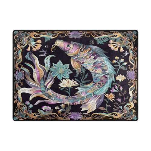 Küchenteppich, moderner Teppich für Jungen, für Kinderzimmer, Heimdekoration, 120 x 150 cm, Boho, Schwarz, geheimnisvoller Fisch von aidingzhi