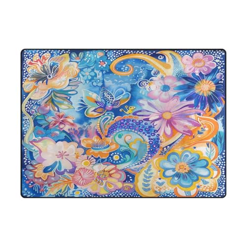 Moderner Teppich für Kinder, Schlafzimmer, Esszimmer, Bauernhaus, Kinderzimmer, Zuhause, Büro, 120 x 150 cm, Boho, psychedelische blaue Blüte von aidingzhi