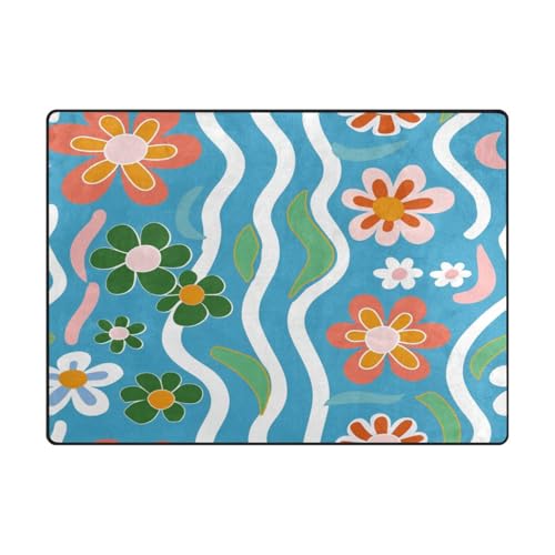 Room Rugs Minimalistische Wohnzimmer-Teppiche für stark frequentierte Bereiche im Wohnzimmer, Schlafzimmer (120 x 150 cm), bunte Blumen, gewellte Linien, Blau von aidingzhi