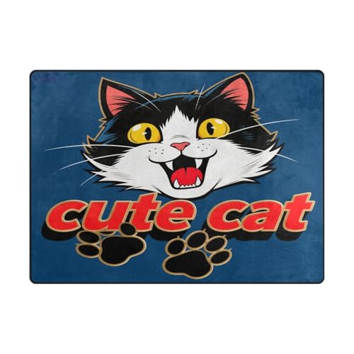 Rug Living minimalistischer Teppich für Kinder für Schlafzimmer, ästhetische Dekoration, 120 x 150 cm, lustige Katze, Blau / Rot von aidingzhi
