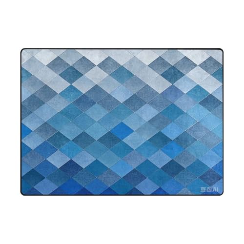 Schlafzimmerteppich, 10,2 x 12,7 cm, bequemer Teppich für Kinder für stark frequentierte Bereiche im Wohnzimmer, Schlafzimmer (120 x 150 cm, Natur), Gitterverlauf, moderner blauer Würfel von aidingzhi