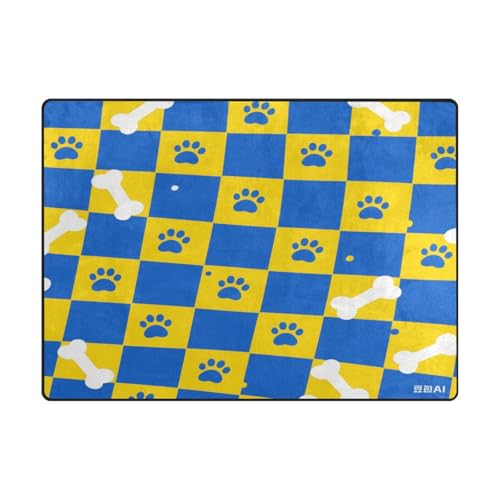 Schlafzimmerteppich, ästhetischer Teppich für Zimmer mit hohem Verkehrsaufkommen im Wohnzimmer, Schlafzimmer (120 x 150 cm, naturfarben), Blau und Gelb karierte Pfotenabdrücke von aidingzhi