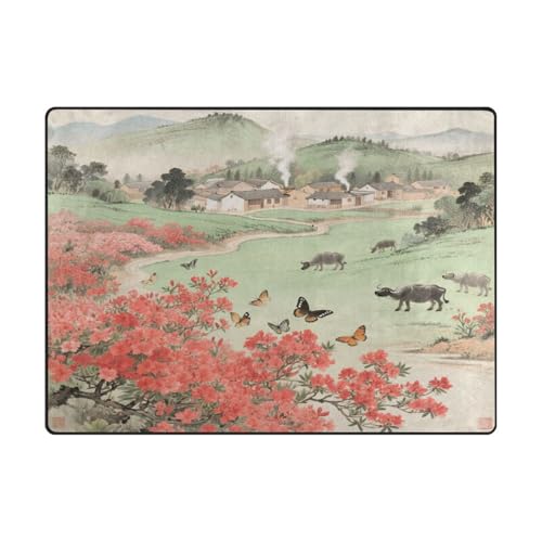 Teppich, waschbar, 10,2 x 12,7 cm, bequemer Teppich für stark frequentierte Bereiche im Wohnzimmer, Schlafzimmer, 120 x 150 cm, chinesischer Stil, grünes Feld, rote Blume Teppich, waschbar, 10,2 x 12,7 cm, bequemer Teppich für stark frequentierte Bereiche im Wohnzimmer, Schlafzimmer, 120 x 150 cm, chinesischer Stil, grünes Feld, rote Blume von aidingzhi