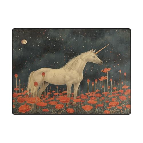 Teppich für Schlafzimmer, moderne Teppiche und Teppiche für stark frequentierte Bereiche im Wohnzimmer, Schlafzimmer, 120 x 150 cm, Vintage-Einhörner, rote Blumen Teppich für Schlafzimmer, moderne Teppiche und Teppiche für stark frequentierte Bereiche im Wohnzimmer, Schlafzimmer, 120 x 150 cm, Vintage-Einhörner, rote Blumen von aidingzhi