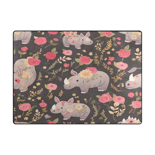 Überwurfteppiche, 10,2 x 12,7 cm, bequemer Teppich für Schlafzimmer für stark frequentierte Bereiche im Wohnzimmer, Schlafzimmer, 120 x 150 cm, Nashorn-Blumen, Braun von aidingzhi