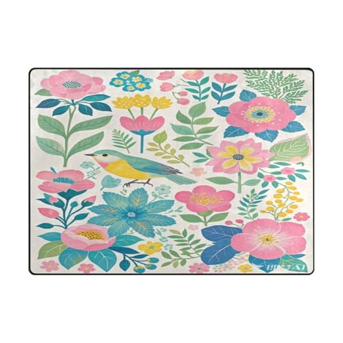 Waschbare Teppiche, 10,2 x 12,7 cm, minimalistisch, für Wohnzimmer, Kinderzimmer, Heimdekoration, 120 x 150 cm, naturfarben, rosa Blumen und grüne Vögel Waschbare Teppiche, 10,2 x 12,7 cm, minimalistisch, für Wohnzimmer, Kinderzimmer, Heimdekoration, 120 x 150 cm, naturfarben, rosa Blumen und grüne Vögel von aidingzhi