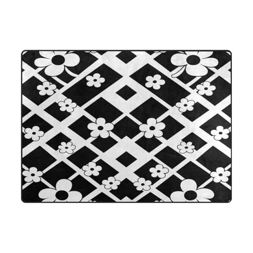 Waschbarer Teppich, 10,2 x 12,7 cm, bequeme Teppiche für Schlafzimmer für stark frequentierte Bereiche im Wohnzimmer, Schlafzimmer (120 x 150 cm, Natur), Diamantformen, weiße Blumen von aidingzhi