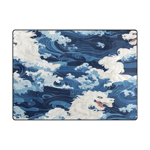 Waschbarer Teppich, 10,2 x 12,7 cm, moderner Teppich für Jungen, für Schlafzimmer, ästhetische Dekoration, 120 x 150 cm, natürliche japanische Monster, blaue Wellen von aidingzhi