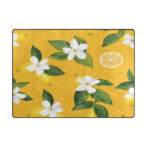 Waschbarer Teppich, moderner Wohnzimmer-Teppich für Kinderzimmer, Heimdekoration, 120 x 150 cm, Gelb / Zitrone, Weiß, Blumenmuster von aidingzhi