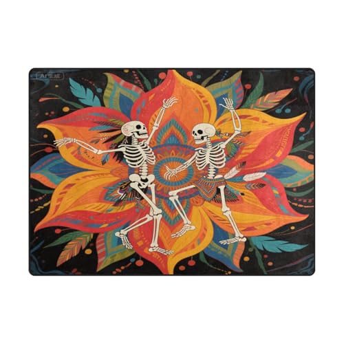 Wohnzimmerteppich, 10,2 x 12,7 cm, gemütlicher Esszimmerteppich für Schlafzimmer, ästhetische Dekoration (1,2 x 1,5 m, natürlich), Boho-Mandala-Blume und menschliches Skelett (2) von aidingzhi