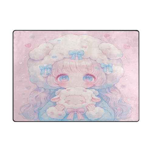 Wohnzimmerteppich, moderner Wohnheim-Teppich für stark frequentierte Bereiche im Wohnzimmer, Schlafzimmer, 120 x 150 cm, Pastell-Pfirsich, süßes Schaf-Mädchen von aidingzhi