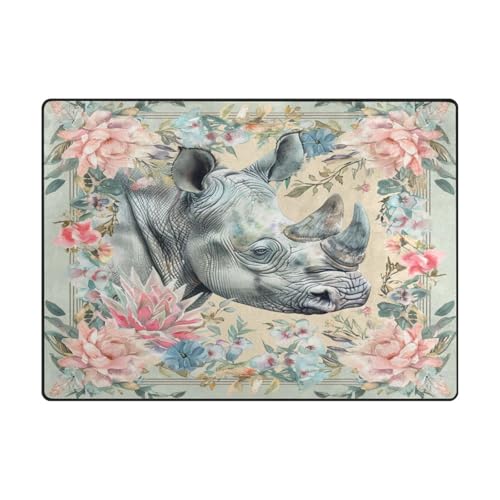 Zimmerteppich, 10,2 x 12,7 cm, bequeme Teppiche für Schlafzimmer für stark frequentierte Bereiche im Wohnzimmer, Schlafzimmer (120 x 150 cm, Natur), Boho-Nashorn-Blume von aidingzhi