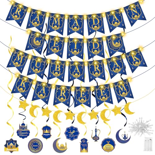 Ramadan Deko Set, aifulo Ramadan Mubarak Dekoration Banner mit 3M LED Lichterkette Batterie, Gold Stern Mond Ramadan Dekoration Eid Girlande Dekoration für Ramadan Eid Party von aifulo