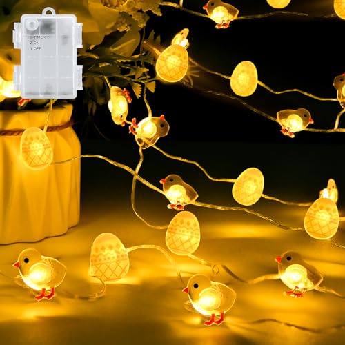 aifulo Lichterkette Außen Ostern, 2M 20 LED Küken Ostereier Micro Lichterkette Batterie Timer, Warmweiß Osterdeko Lichterkette Außen Innen für Tischdeko Osterkörbchen Oster Deko Party von aifulo