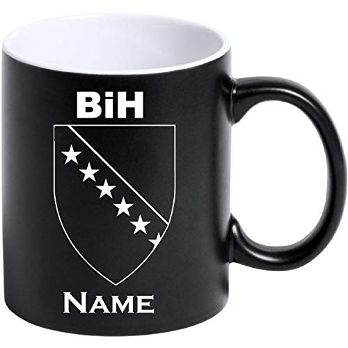 Tasse Kaffeetasse Bosnien BIH Bosna Flagge mit Namen bedruckt Matt Schwarz von aina