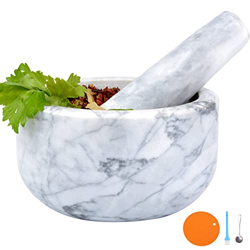 Mörser und Stößel-Set, polierter Naturmarmorstein, Guacamole, Molcajete-Schüssel mit Silikon-Pad, passendem Edelstahllöffel und passender kleiner Bürste (groß, weißgrau) von aisiming
