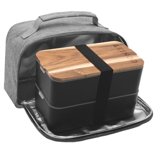 Akinod - Bento Box + Lunch Bag Isotherm 11H58 - Bento Wasserdicht, Doppeltes Fach, schwarz - Tasche mit Verstärktem Griff, grau - Spülmaschinenfest, Gefrierschrankfest, Mikrowellenfest - 1,4 L von akinod