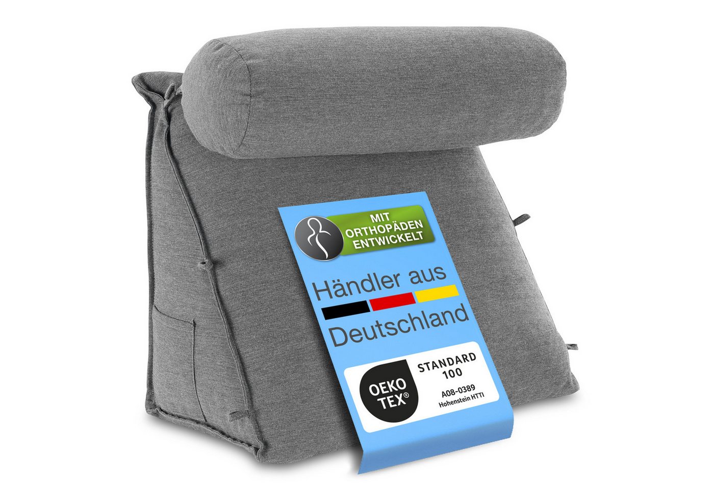 aktivshop Rückenkissen mit abnehmbarer Nackenrolle und Seitentasche, waschbar von aktivshop