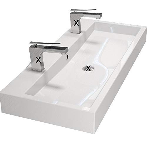 alavabo Design Waschbecken Doppelwaschbecken Weiß 100cm zur Wandmontage oder Aufsatzwaschbecken mit 2 Armaturlöcher | 100x42x10cm | hochwertiges Mineralguss | Qualität Made IN EU von alavabo