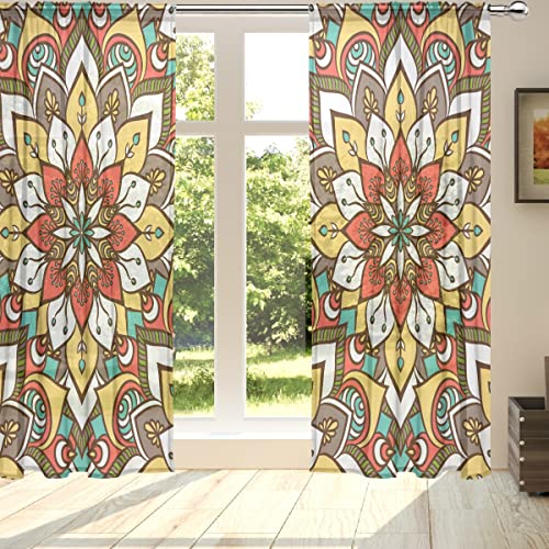 ALAZA Durchsichtiger Voile-Vorhang, ethnisches Blumenmuster, Mandala, Polyesterstoff, Netzvorhang für Fenster, Schlafzimmer, Wohnzimmer, Heimdekoration, 2 Paneele, 213 cm lang von alaza