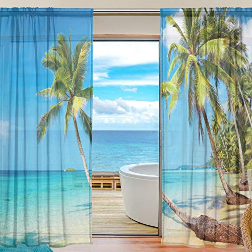 ALAZA Durchsichtiger Voile-Vorhang für Fenster, Landschaft, tropischer Strand, Polyester-Material, für Schlafzimmer, Dekoration, Zuhause, Tür, Dekoration, Küche, Wohnzimmer, 2 Paneele, 198,1 x 140 cm von alaza