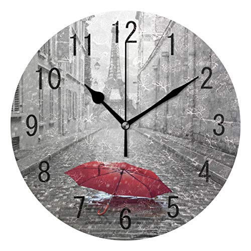 ALAZA Home Decor Eiffelturm Straße von Paris mit rotem Regenschirm, 24,1 cm, runde Acryl-Wanduhr, nicht tickend, leise Uhr, Kunst für Wohnzimmer, Küche, Schlafzimmer von alaza
